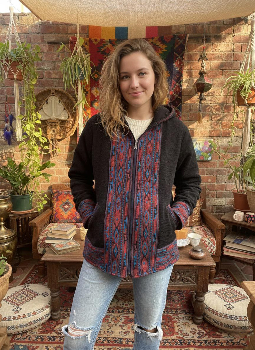 Boho Embroidered Cotton Jacket | Handmade Winter Wear | Charcoal Grey - Image 2
