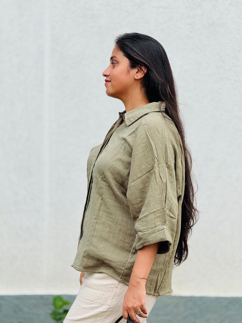 Double Gauze Relaxed Shirt - Olive Green ( Free Size ) - Image 3