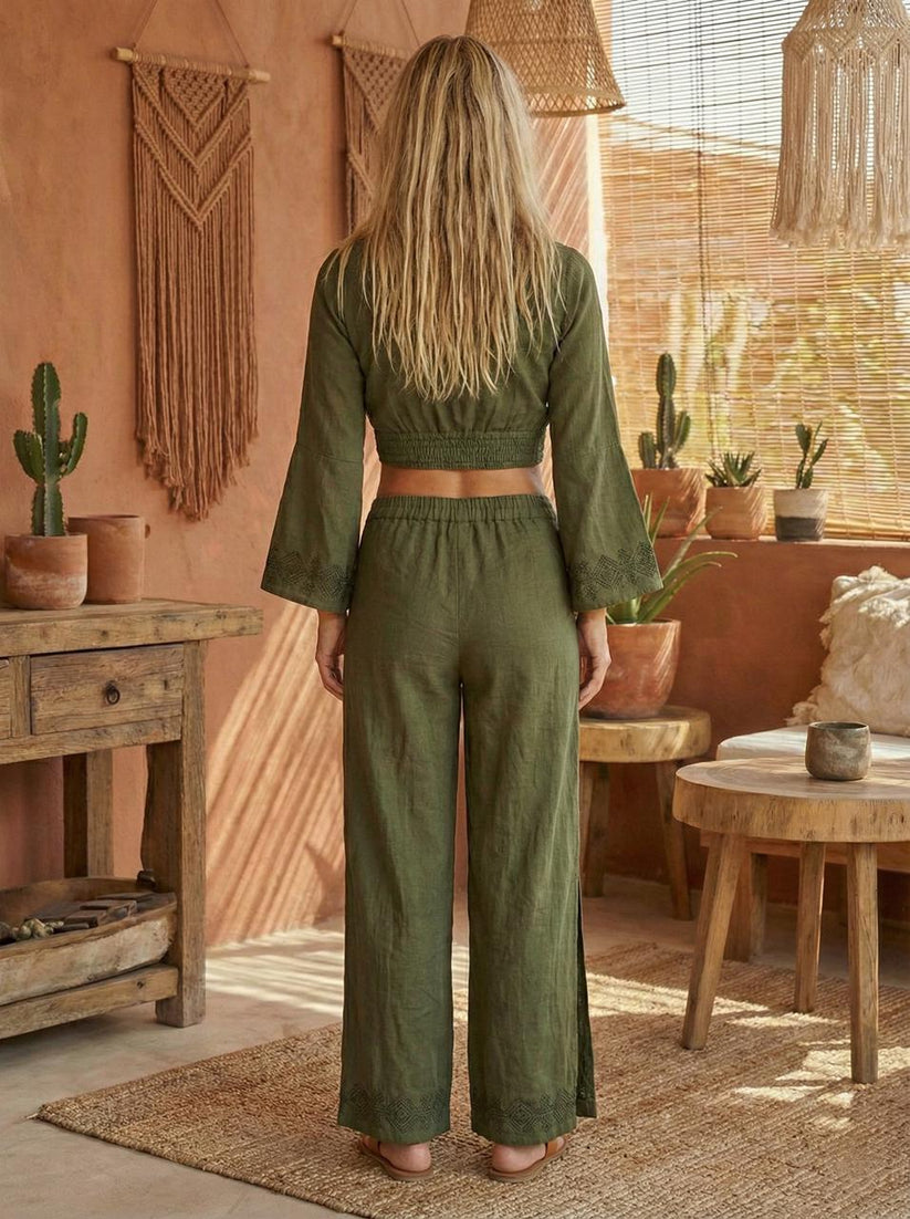Forest Muse ( Olive Green ) Linen Cotton Hand Block Print Co-Ord Set | Wrap Top Skirt-Pant | Free Size - Image 5
