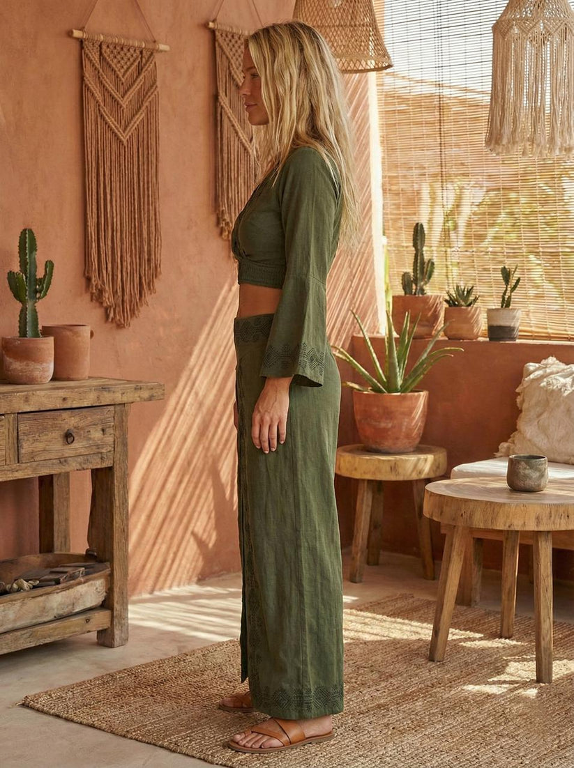 Forest Muse ( Olive Green ) Linen Cotton Hand Block Print Co-Ord Set | Wrap Top Skirt-Pant | Free Size - Image 3