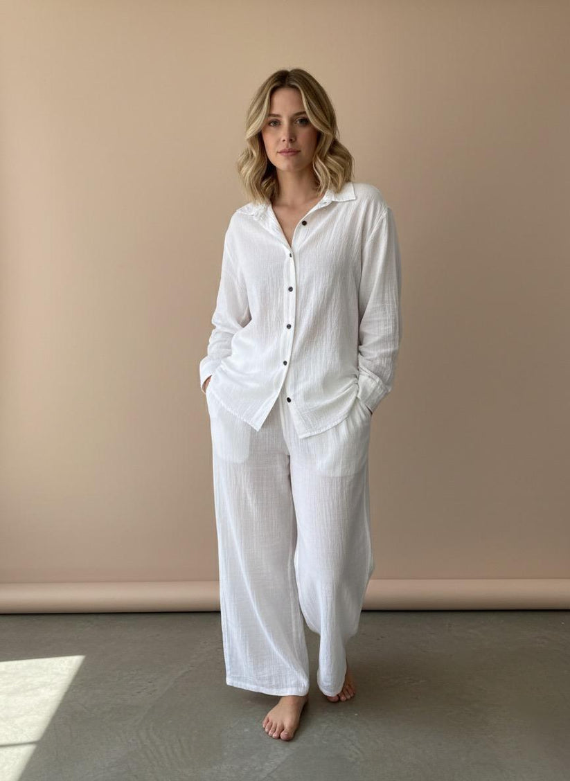 Frost White Double Gauze Cotton Co-Ord Set (Free Size)