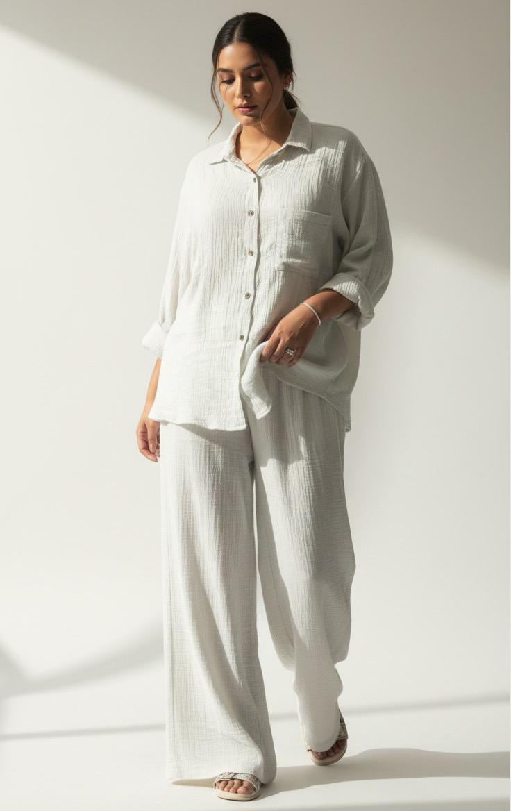 Frost White Double Gauze Cotton Co-Ord Set (Free Size) - Image 3