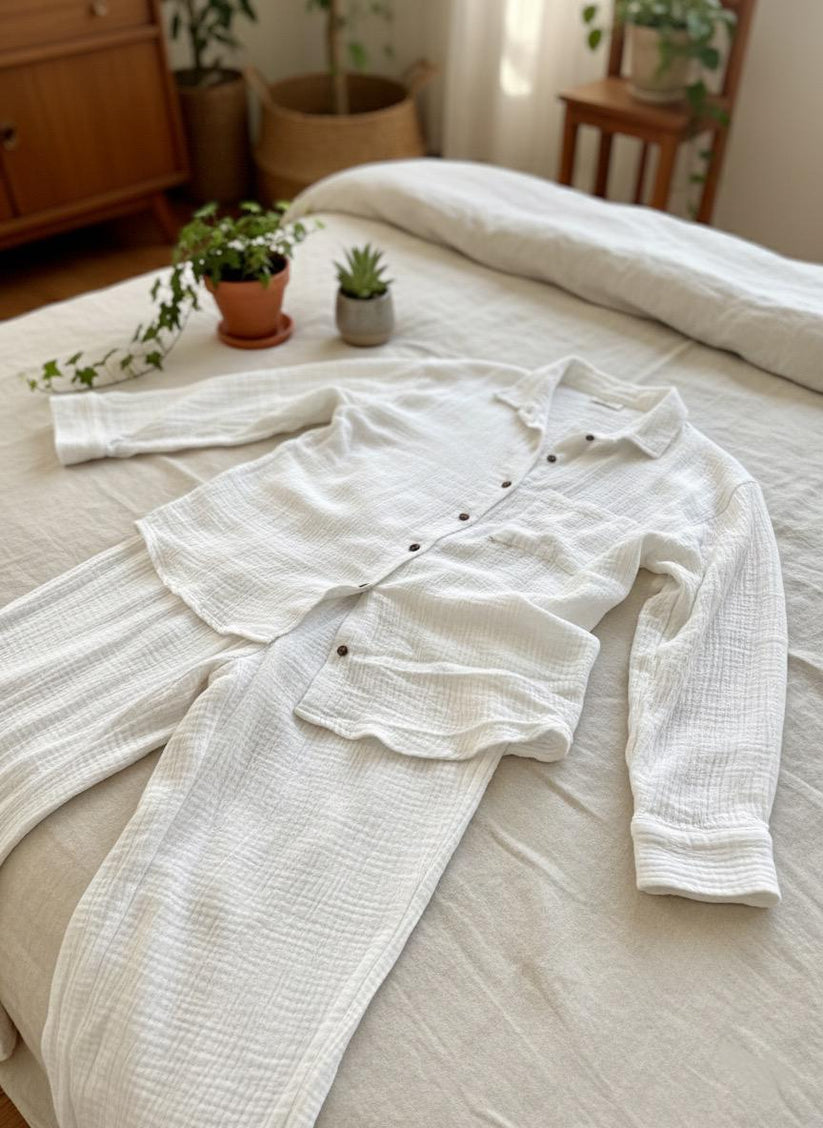 Frost White Double Gauze Cotton Co-Ord Set (Free Size) - Image 2