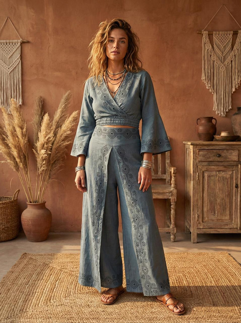 Indigo Haze ( Dusky Blue ) Linen Cotton Hand Block Print Co-Ord Set | Wrap Top Skirt-Pant | Free Size