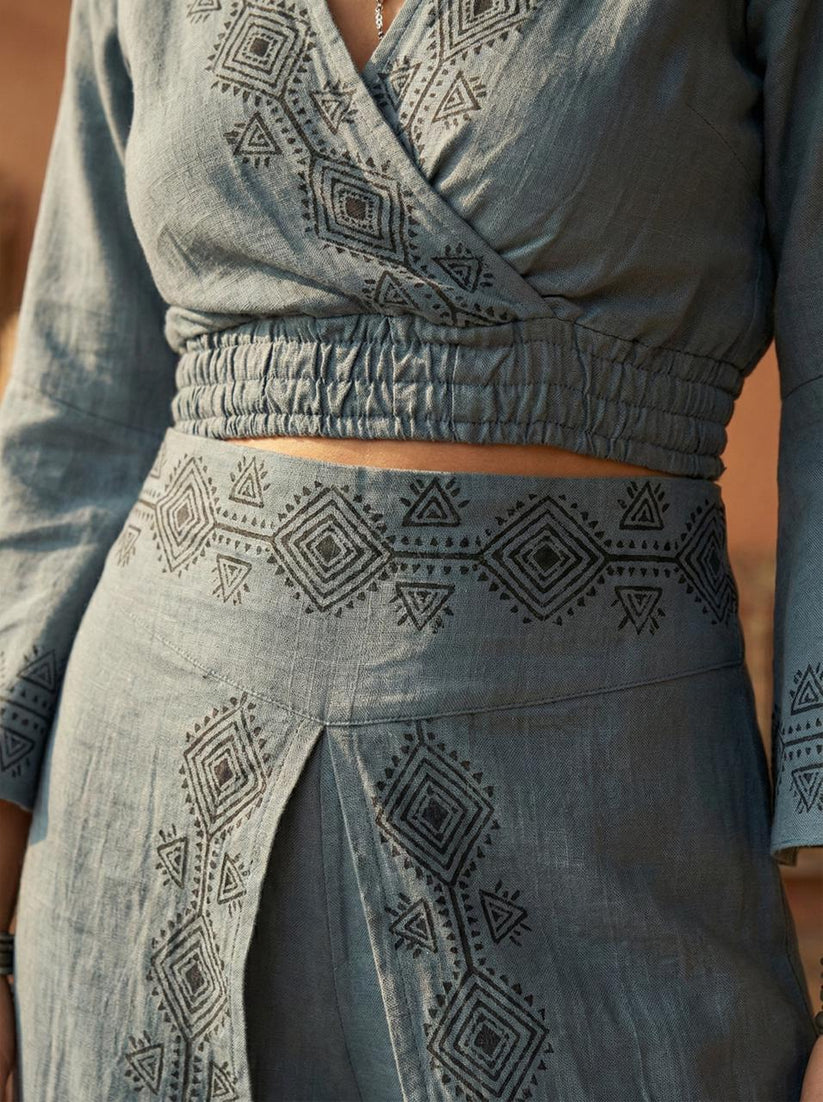 Indigo Haze ( Dusky Blue ) Linen Cotton Hand Block Print Co-Ord Set | Wrap Top Skirt-Pant | Free Size - Image 4