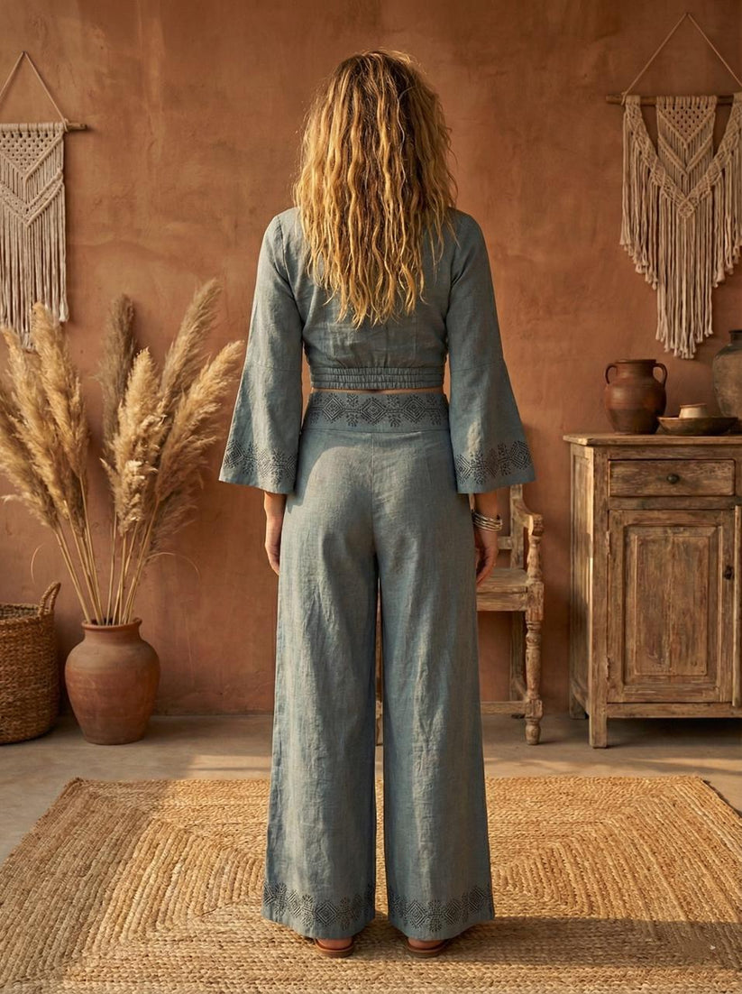 Indigo Haze ( Dusky Blue ) Linen Cotton Hand Block Print Co-Ord Set | Wrap Top Skirt-Pant | Free Size - Image 2