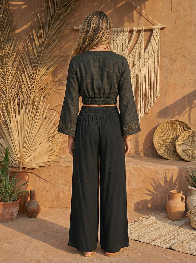 Noir Nomad Set Linen Cotton Hand Block Print Co-Ord Set | Wrap Top Skirt-Pant | Free Size - Image 2