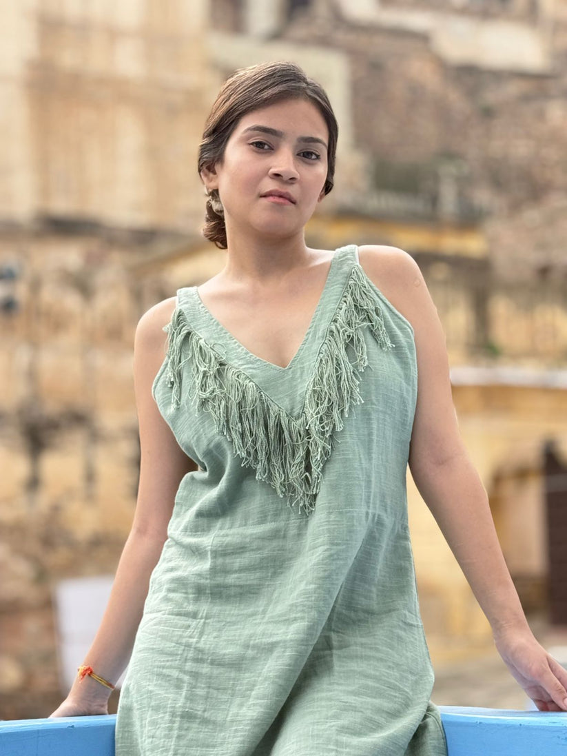 Sage Green | Boho Fringe Linen Midi Dress | Relaxed Fit Summer Dress - Image 5