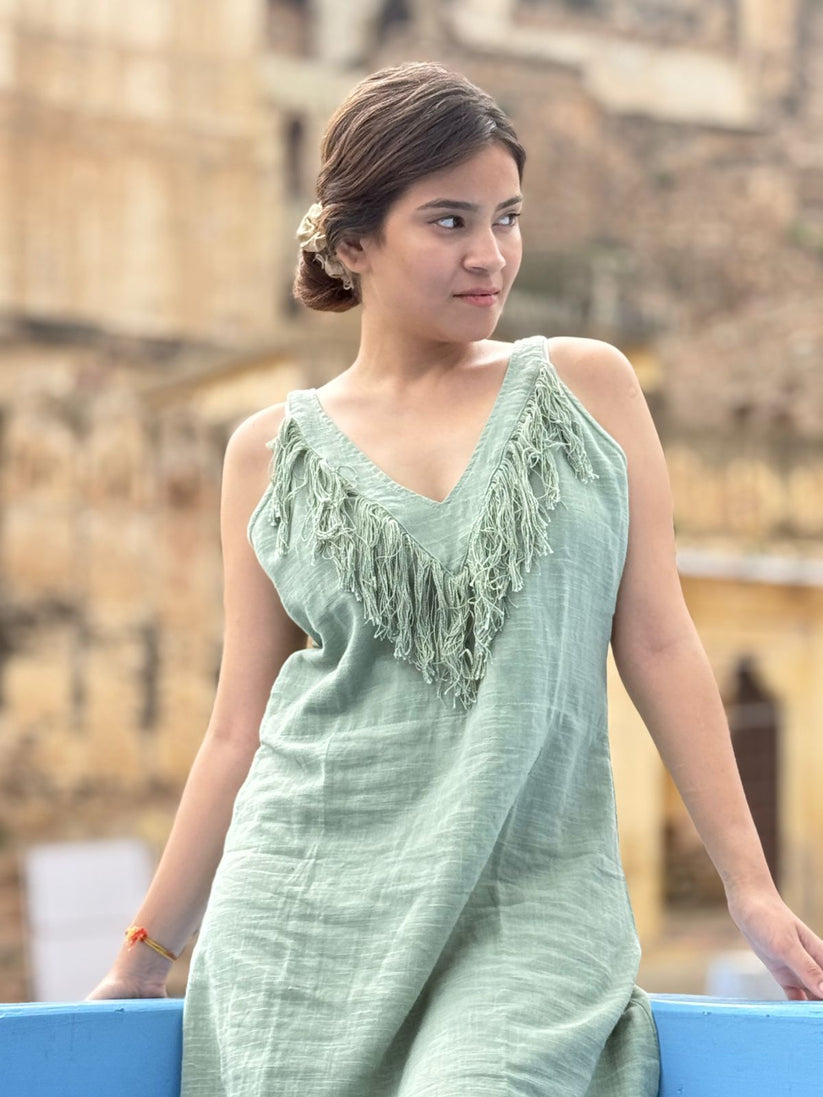 Sage Green | Boho Fringe Linen Midi Dress | Relaxed Fit Summer Dress - Image 4