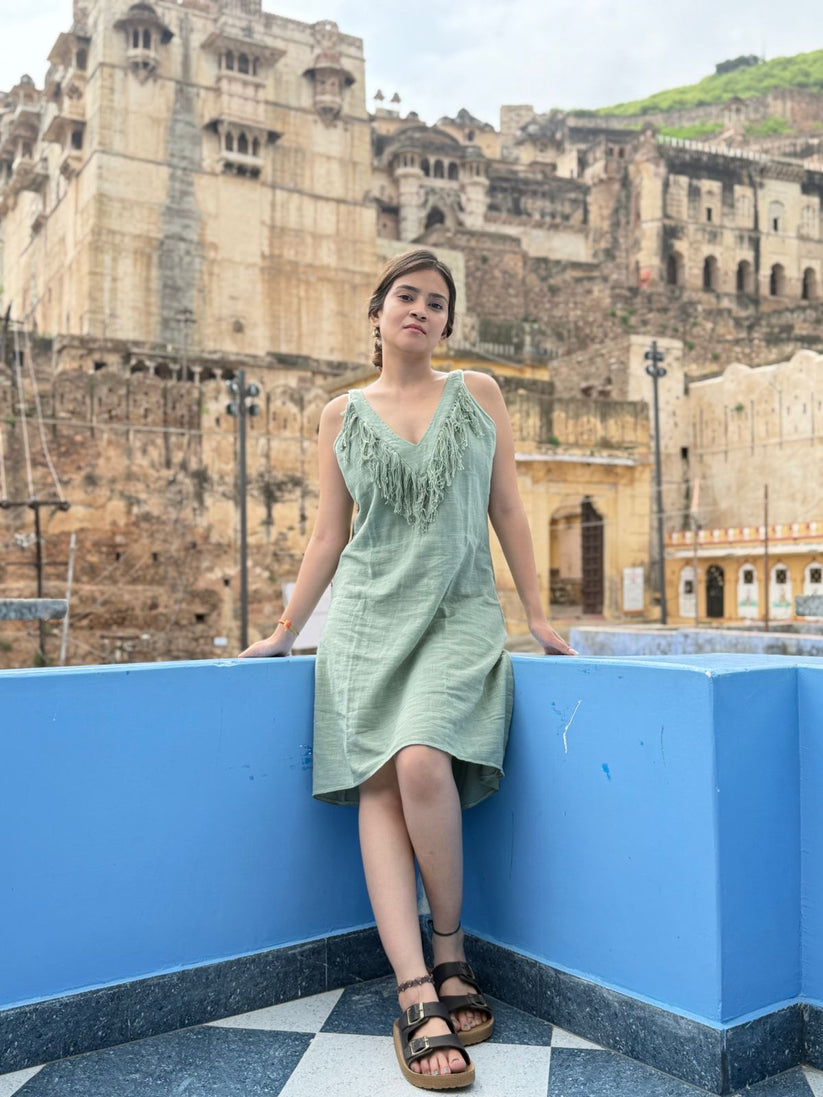 Sage Green | Boho Fringe Linen Midi Dress | Relaxed Fit Summer Dress - Image 3