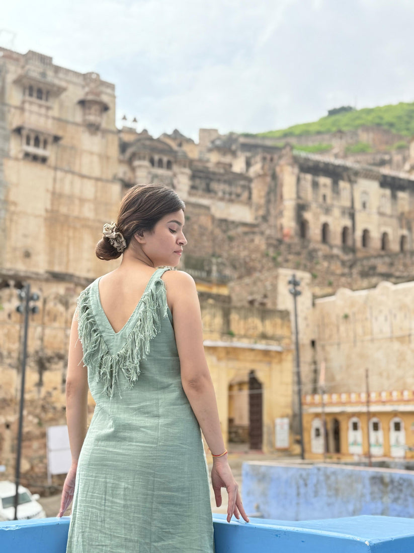 Sage Green | Boho Fringe Linen Midi Dress | Relaxed Fit Summer Dress - Image 2
