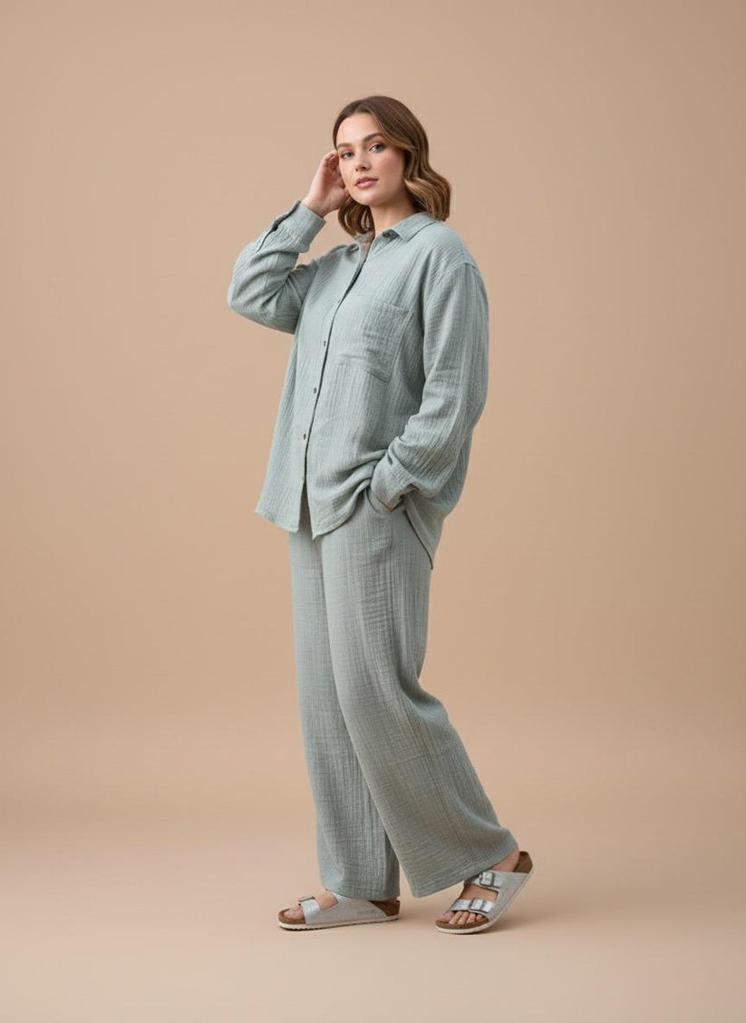 Soft Sage Double Gauze Cotton Co-Ord Set (Free Size)