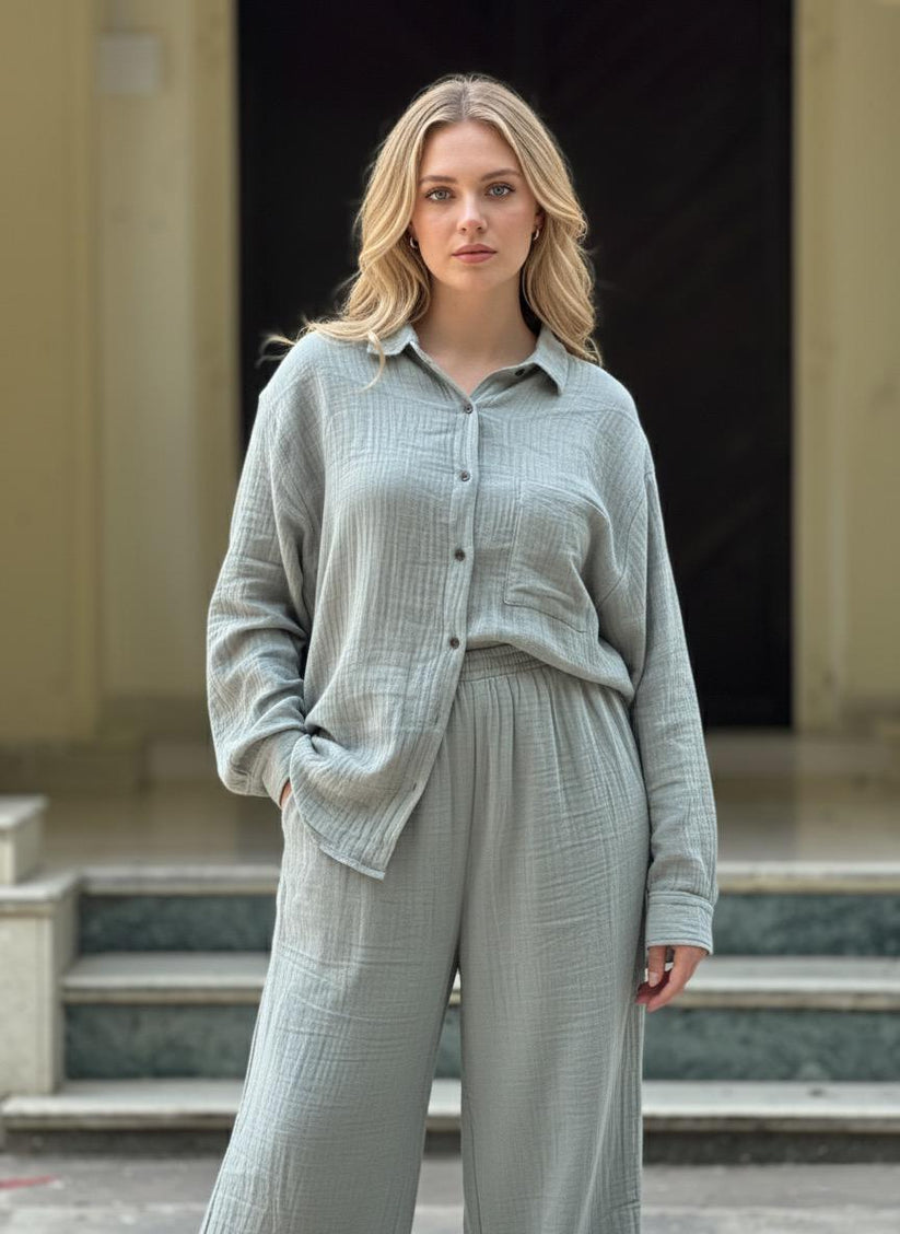 Soft Sage Double Gauze Cotton Co-Ord Set (Free Size) - Image 2