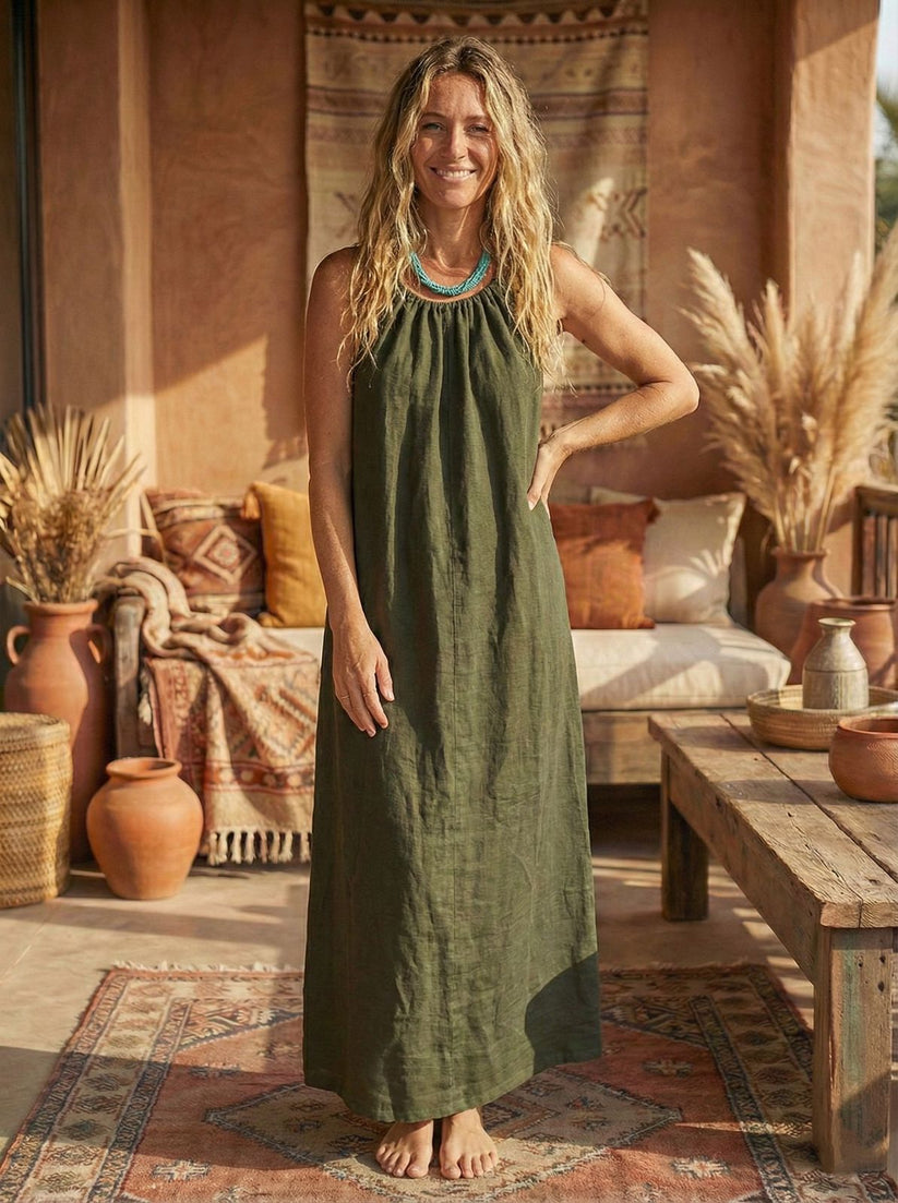 Wild Sage Linen Cotton Maxi Dress | Boho Flowy Summer Dress | Loose Comfortable Maxi