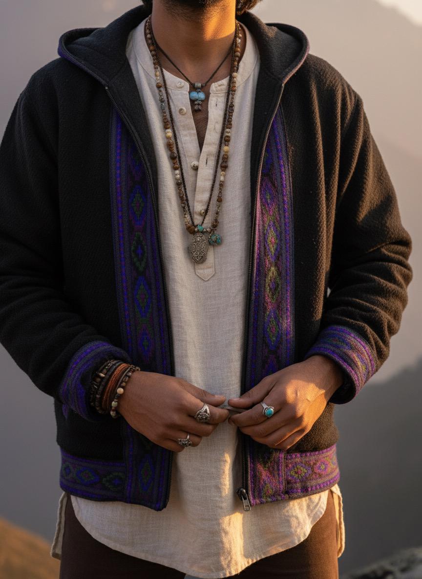 Boho Embroidered Cotton Jacket | Handmade Winter Wear | Black - Image 3