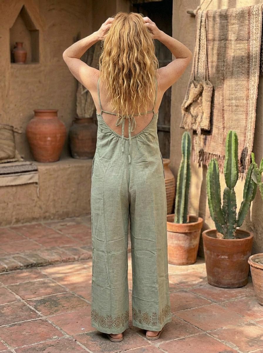 Sage Green Linen Co-Ord Set | Handblock Print Wide Leg Jumpsuit | Boho Summer Outfit | Resort Wear - Image 4