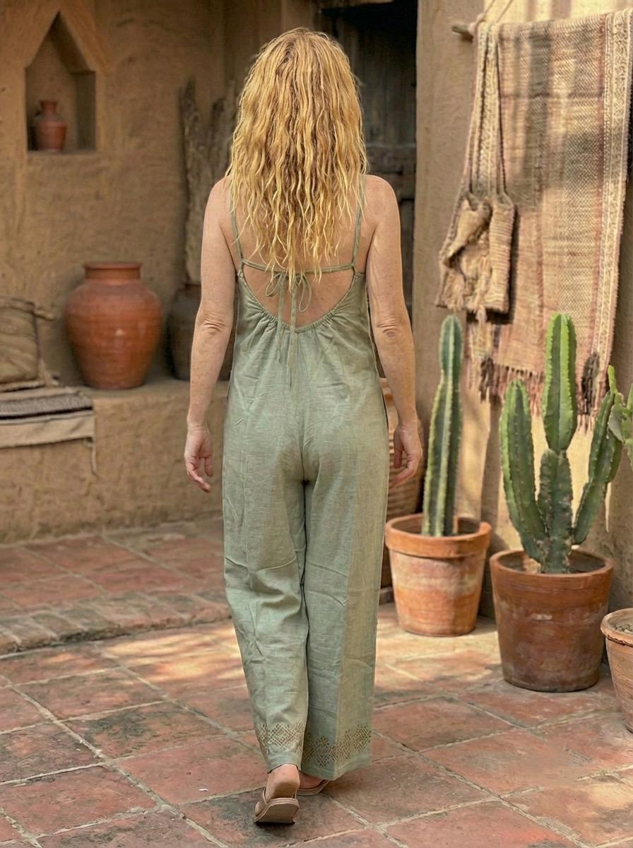 Sage Green Linen Co-Ord Set | Handblock Print Wide Leg Jumpsuit | Boho Summer Outfit | Resort Wear - Image 5