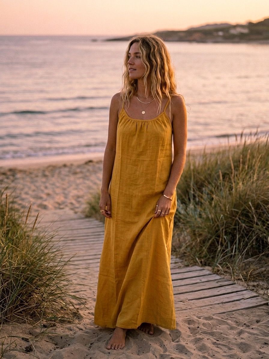Mustard Yellow Linen Cotton Maxi Dress | Boho Flowy Summer Dress | Loose Comfortable Maxi