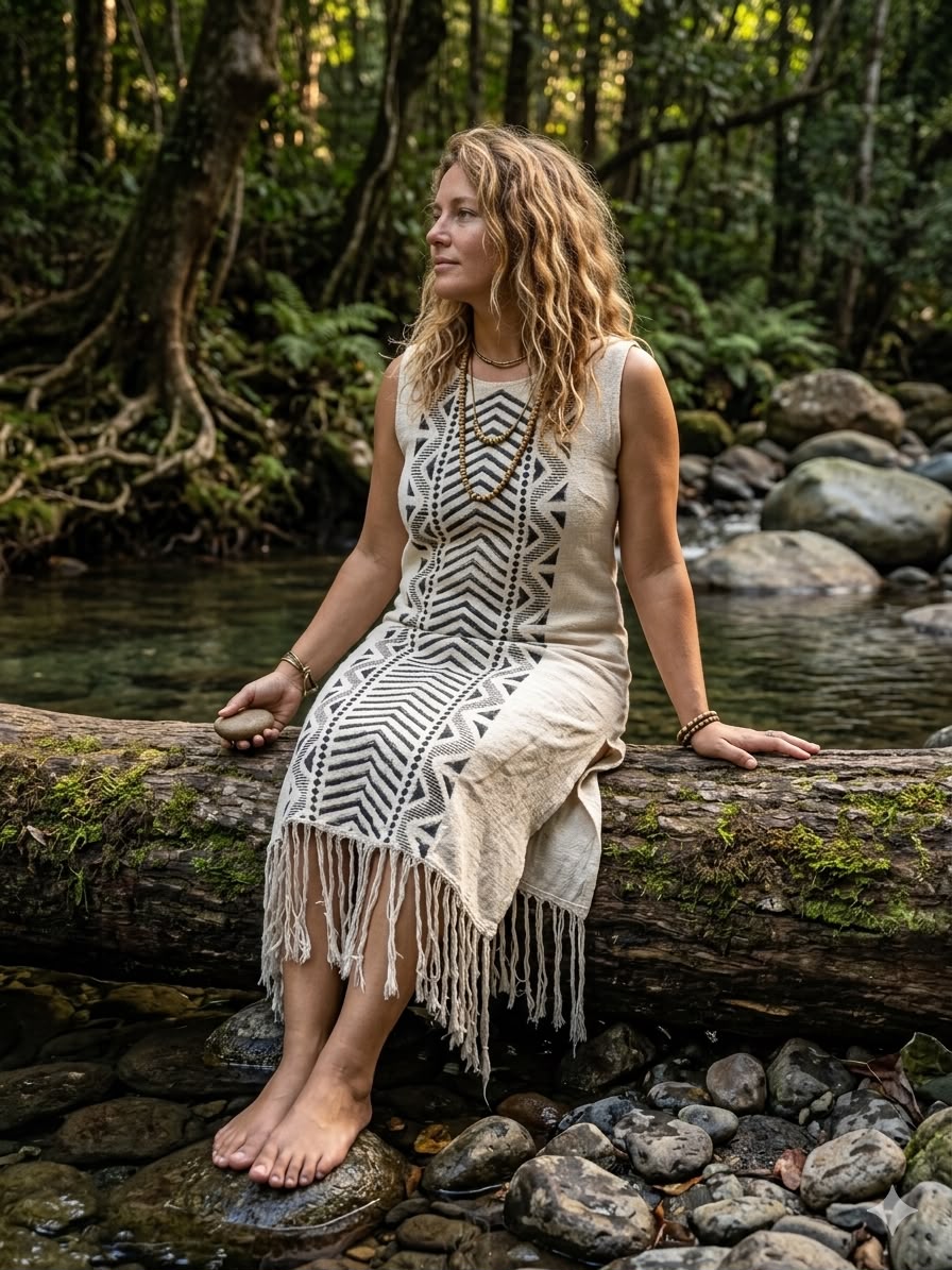 Boho Tribal Hand Block Print Fringe Dress | Natural Cotton One Size Midi Dress - Image 2