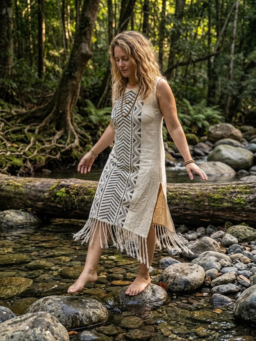 Boho Tribal Hand Block Print Fringe Dress | Natural Cotton One Size Midi Dress