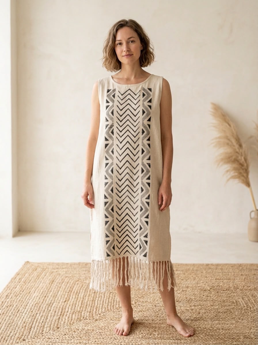 Boho Tribal Hand Block Print Fringe Dress | Natural Cotton One Size Midi Dress - Image 4