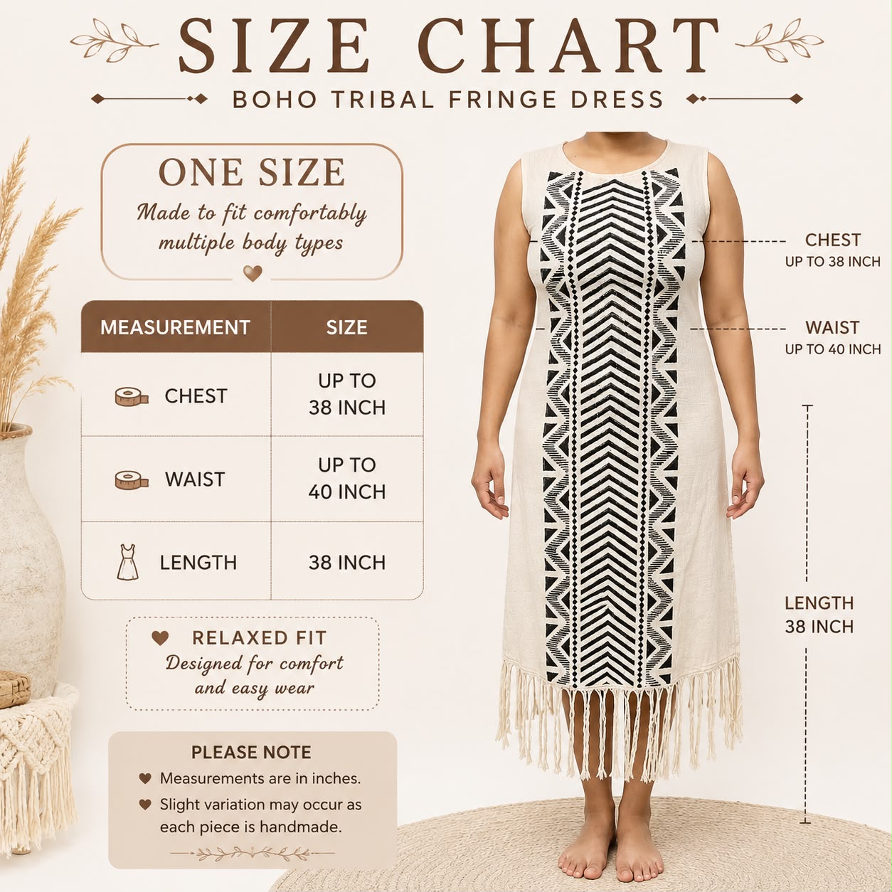 Boho Tribal Hand Block Print Fringe Dress | Natural Cotton One Size Midi Dress - Image 5