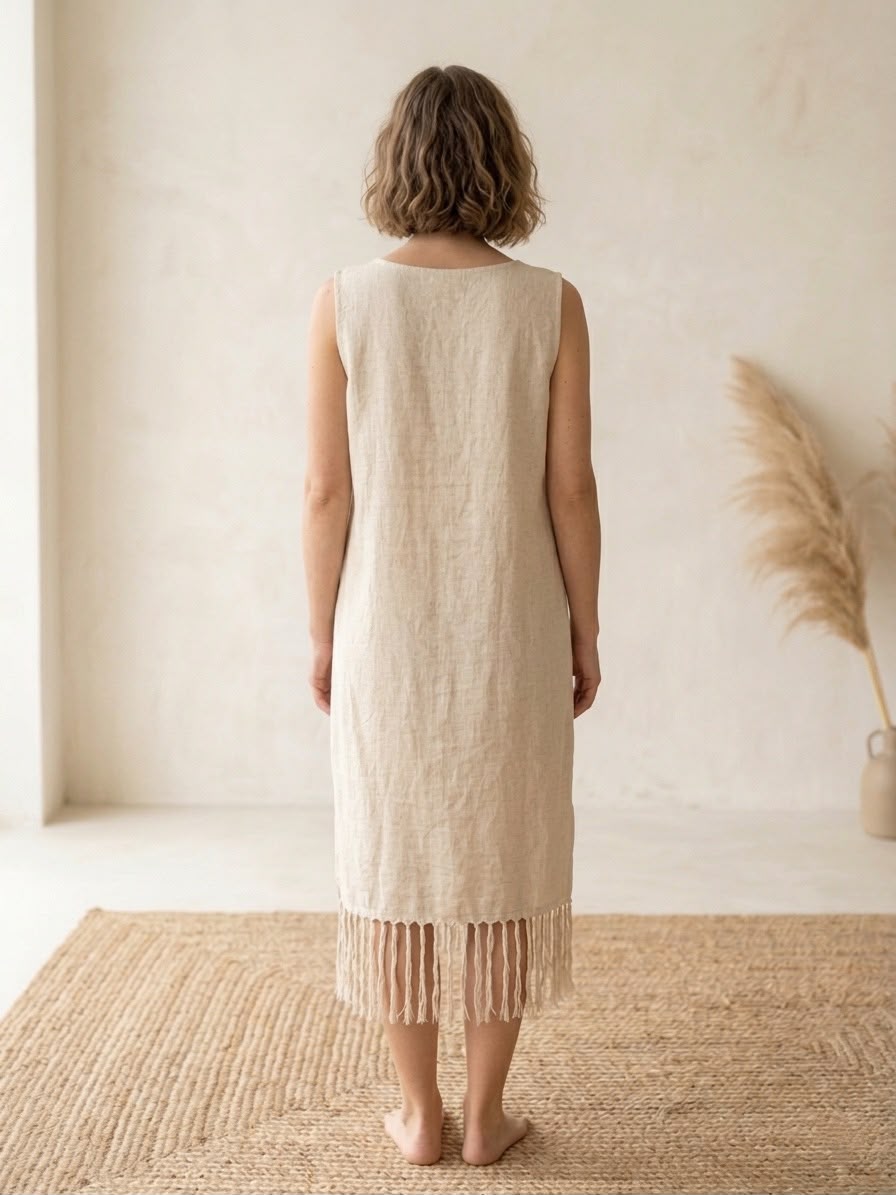 Boho Tribal Hand Block Print Fringe Dress | Natural Cotton One Size Midi Dress - Image 6