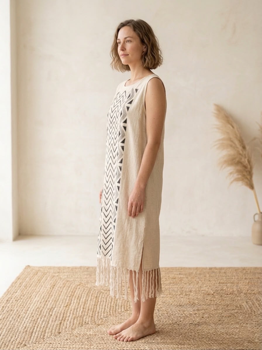 Boho Tribal Hand Block Print Fringe Dress | Natural Cotton One Size Midi Dress - Image 7