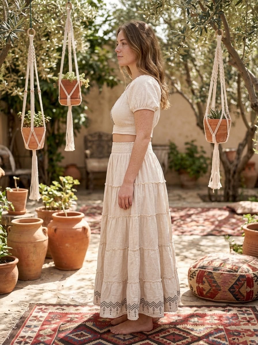 Women’s Hand Block Print Cotton Co-Ord Set | One Size Smocked Crop Top & Tiered Maxi Skirt | Boho Summer Outfit - Image 3