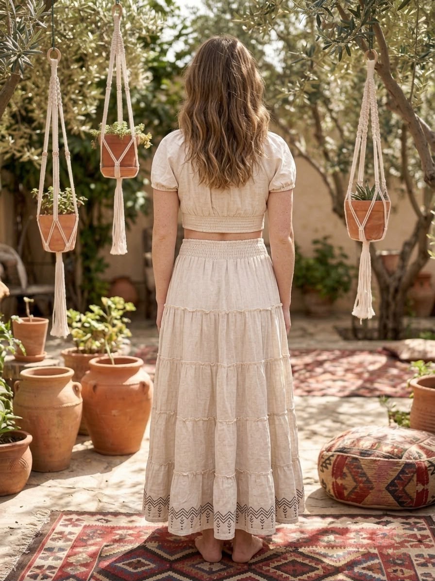 Women’s Hand Block Print Cotton Co-Ord Set | One Size Smocked Crop Top & Tiered Maxi Skirt | Boho Summer Outfit - Image 4