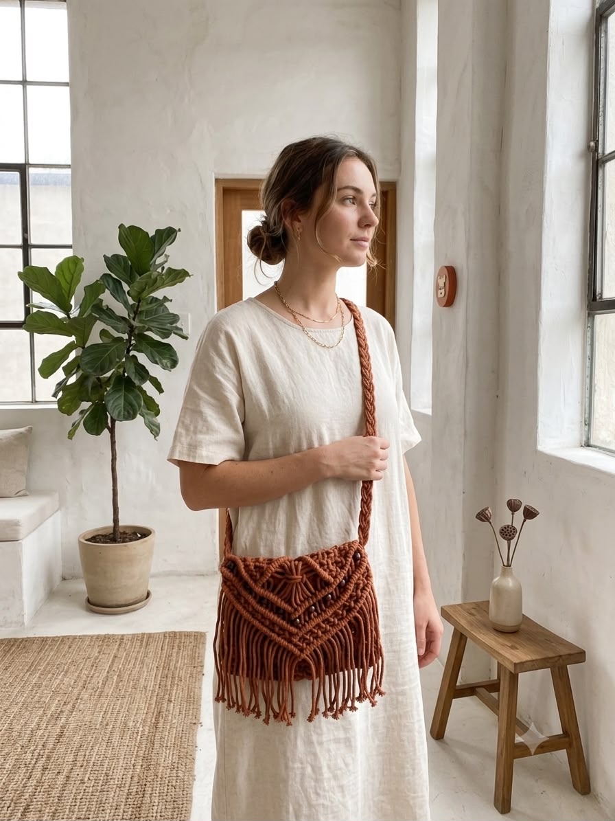 3. Bohemian fringe shoulder bag in warm terracotta brown with handcrafted woven texture and decorative bead embellishments.