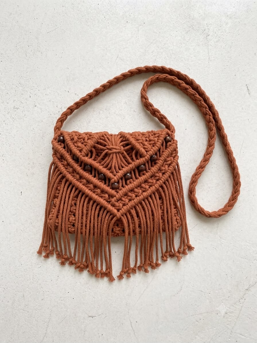 1. Handmade terracotta macrame sling bag with braided shoulder strap, wooden bead accents, and long boho fringe tassels.