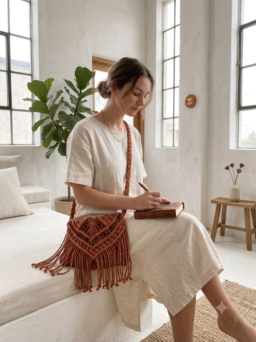 Handmade cotton rope purse with braided strap, V-shaped macrame pattern, and flowing tassel fringe.