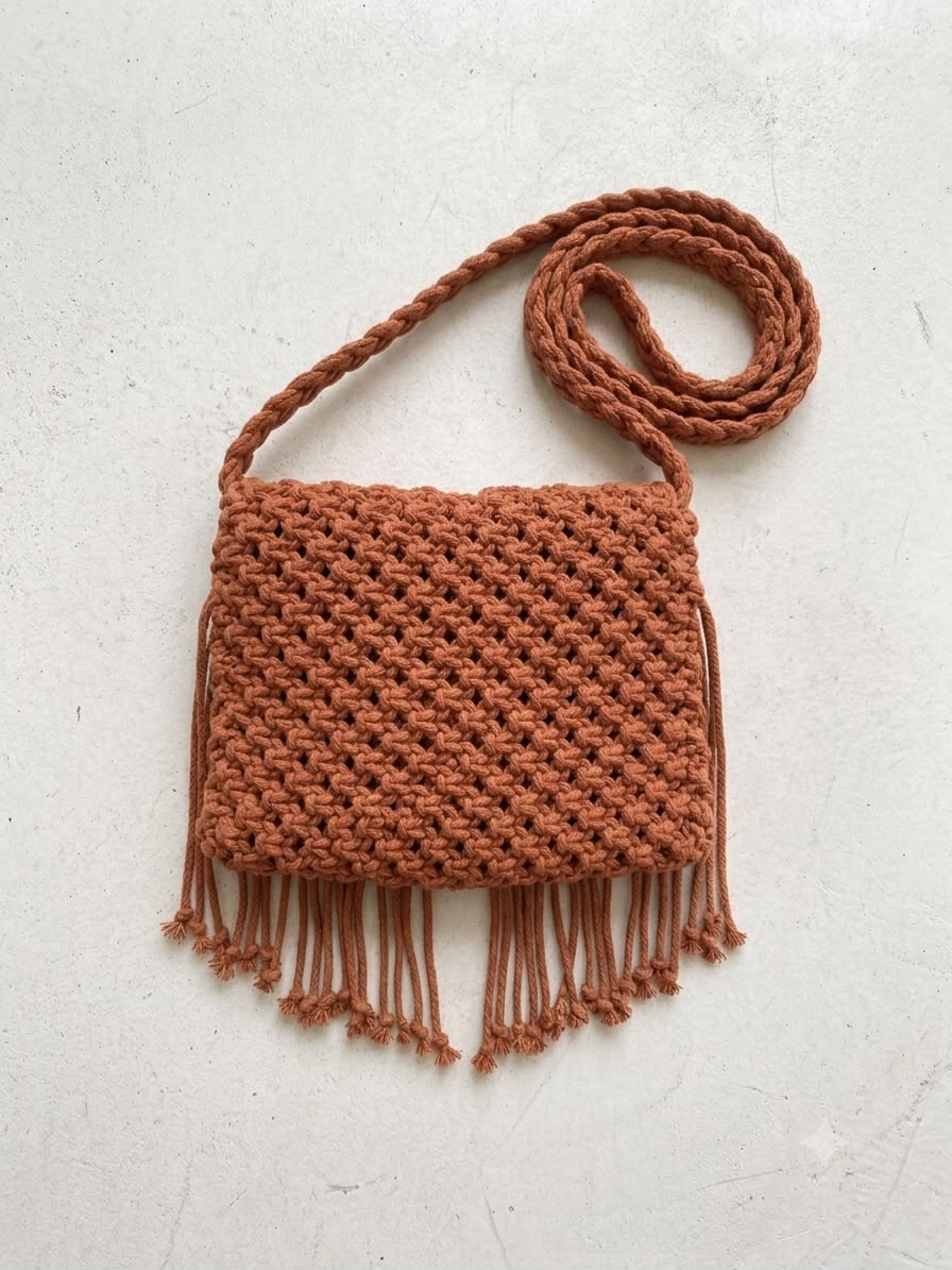 2. Rustic terracotta crossbody bag crafted from cotton rope featuring intricate macrame knotwork and artisan detailing.