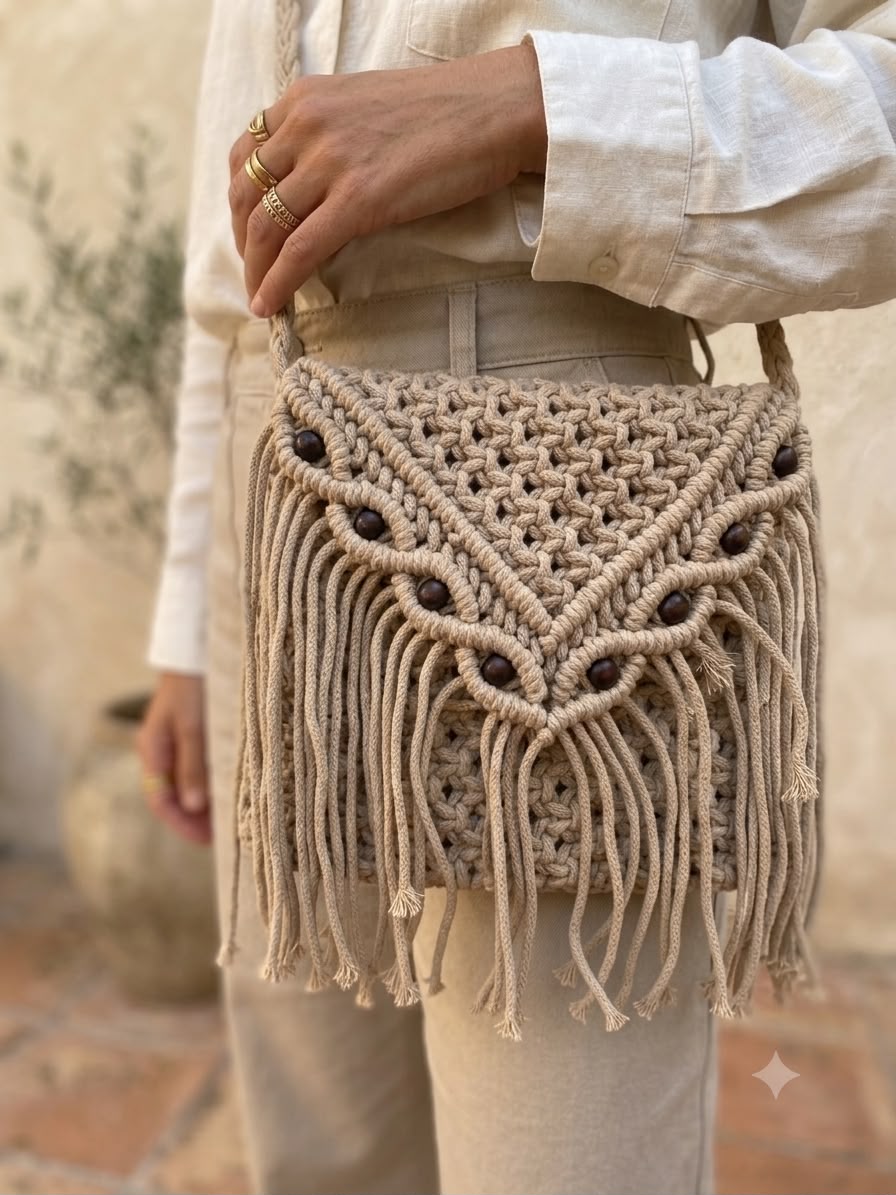 Desert Sand Macrame Sling Bag | Handmade Boho Crossbody Purse | Fringe Cotton Rope Shoulder Bag - Image 2