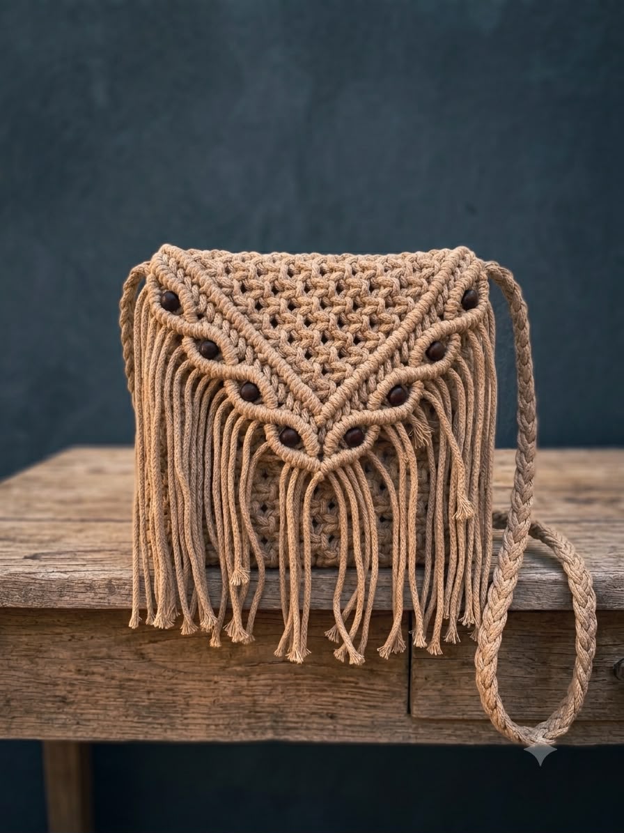 Desert Sand Macrame Sling Bag | Handmade Boho Crossbody Purse | Fringe Cotton Rope Shoulder Bag - Image 3