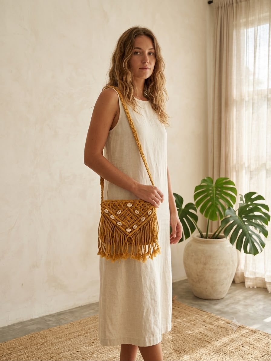 Golden Mustard Macrame Sling Bag | Handmade Boho Crossbody Purse | Fringe Cotton Rope Shoulder Bag - Image 2