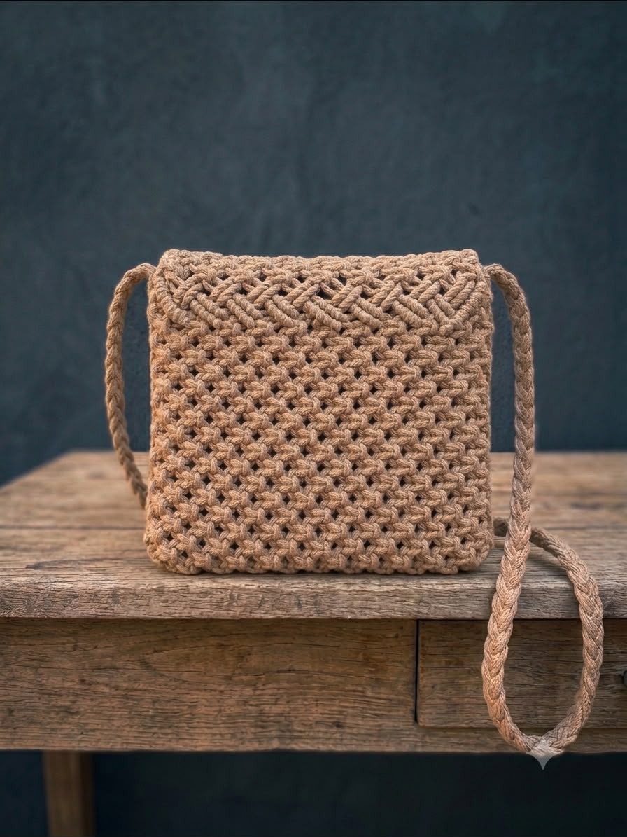 Desert Sand Macrame Sling Bag | Handmade Boho Crossbody Purse | Fringe Cotton Rope Shoulder Bag - Image 4