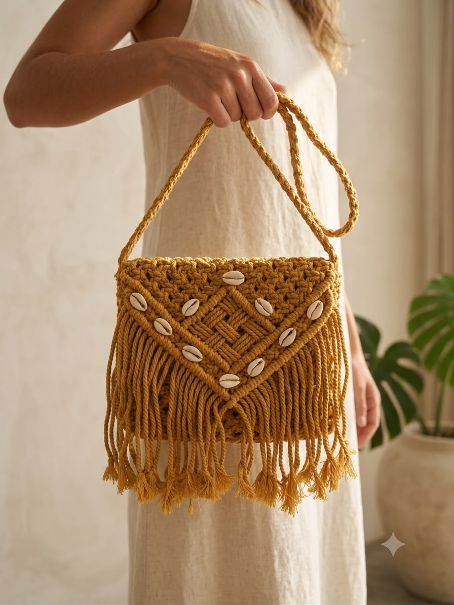 Golden Mustard Macrame Sling Bag | Handmade Boho Crossbody Purse | Fringe Cotton Rope Shoulder Bag