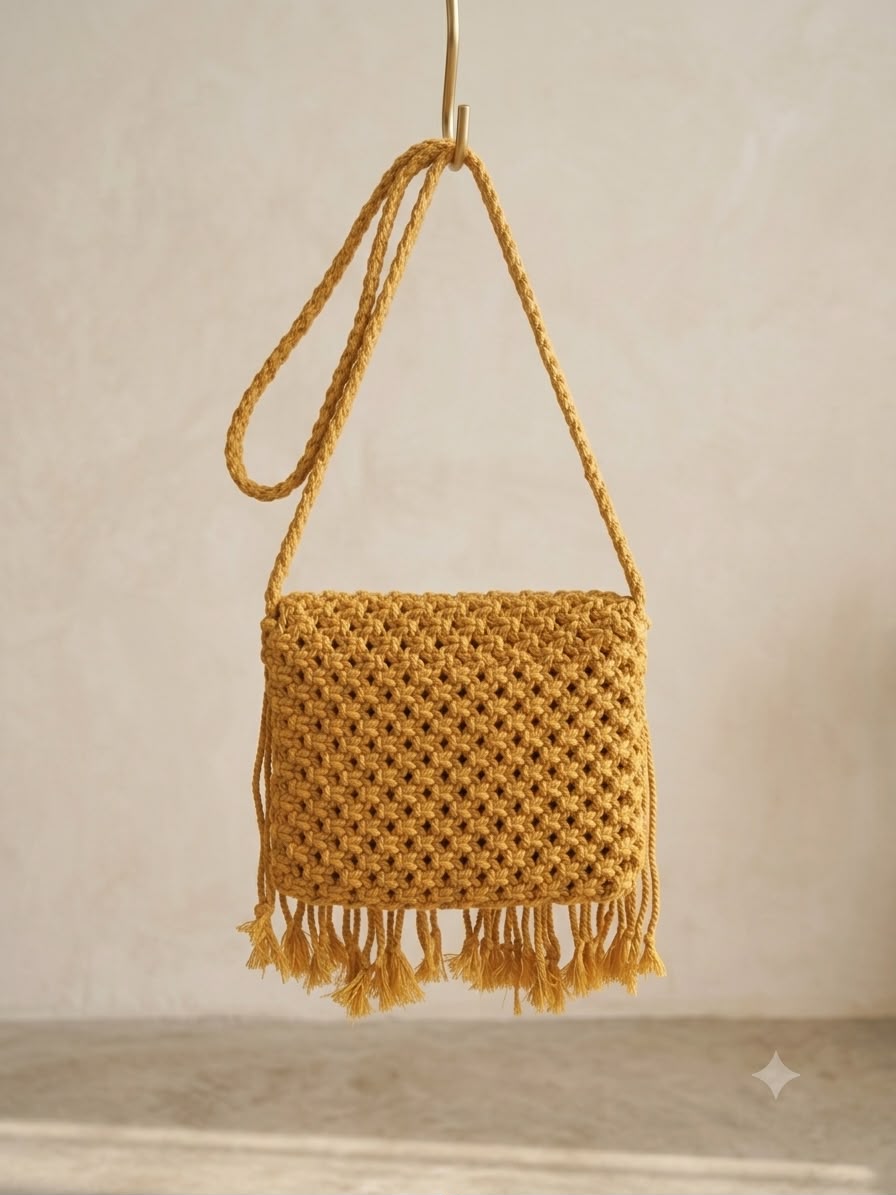 Golden Mustard Macrame Sling Bag | Handmade Boho Crossbody Purse | Fringe Cotton Rope Shoulder Bag - Image 3