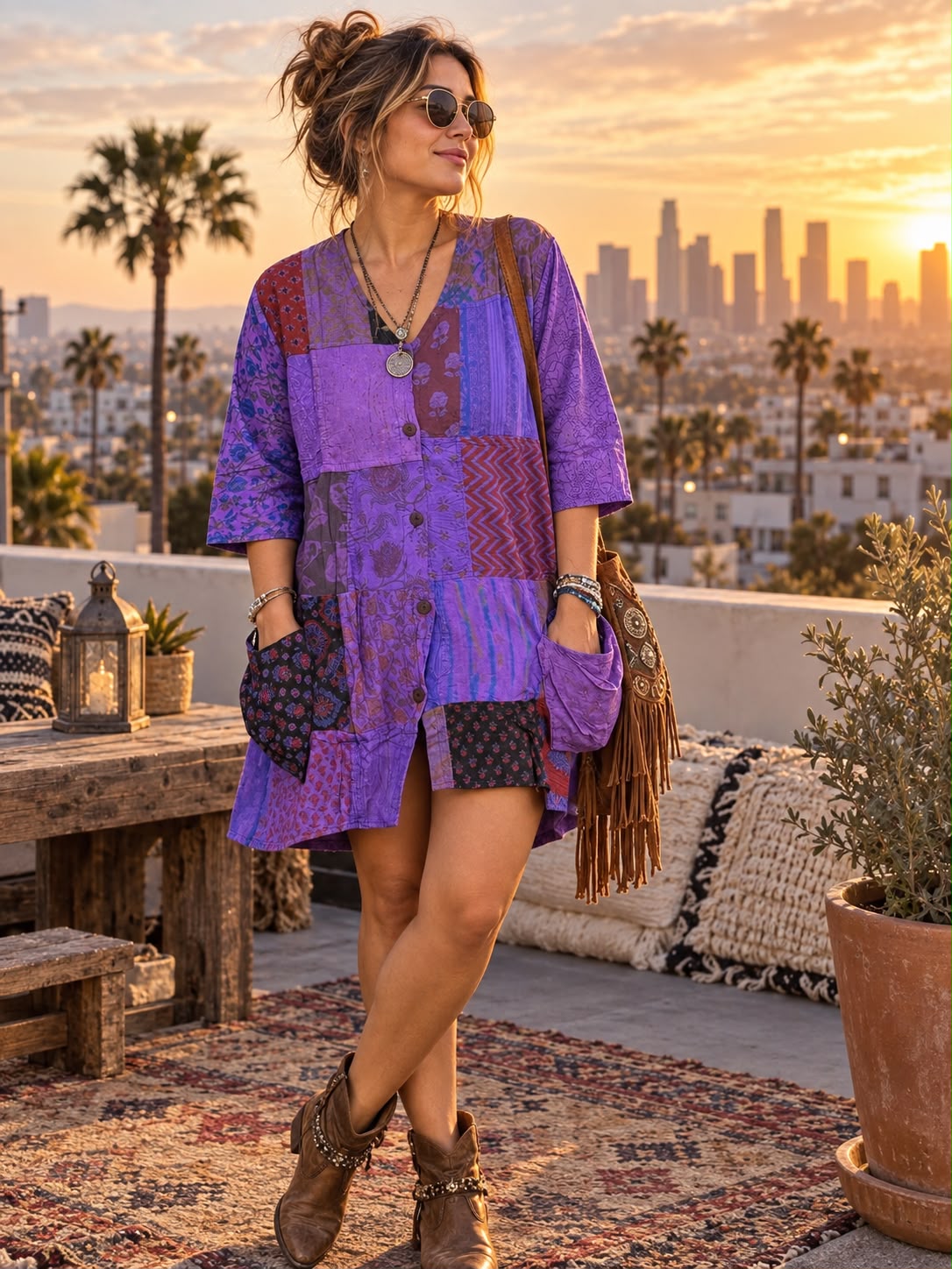 Purple Handmade Patchwork Boho Tunic Dress - Image 2