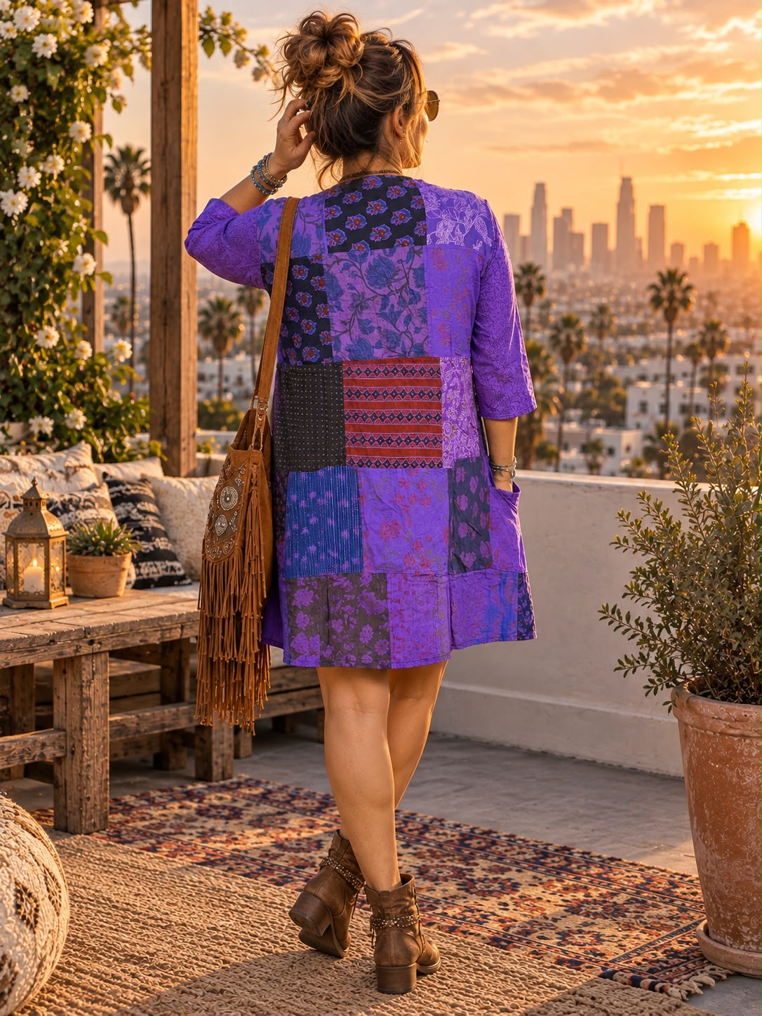 Purple Handmade Patchwork Boho Tunic Dress - Image 4