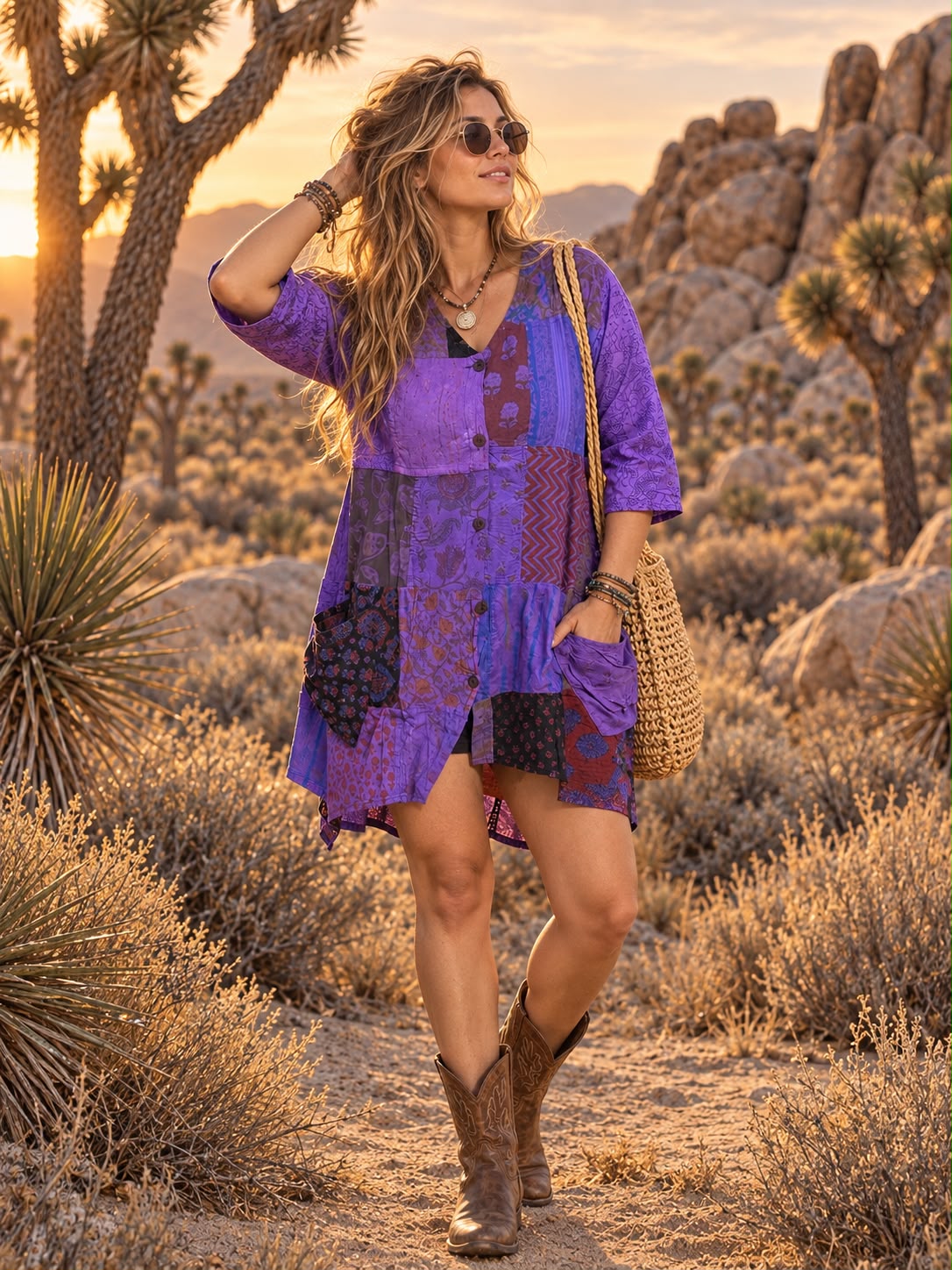 Purple Handmade Patchwork Boho Tunic Dress
