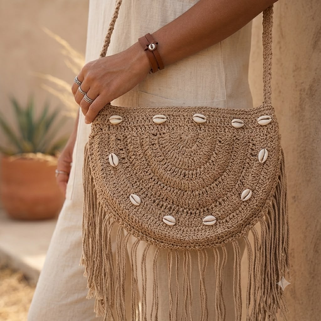 Desert Sand Beige Handmade Macrame Sling Bag With Cowrie Shell | Boho Fringe Crossbody Purse | Festival Beach Handbag