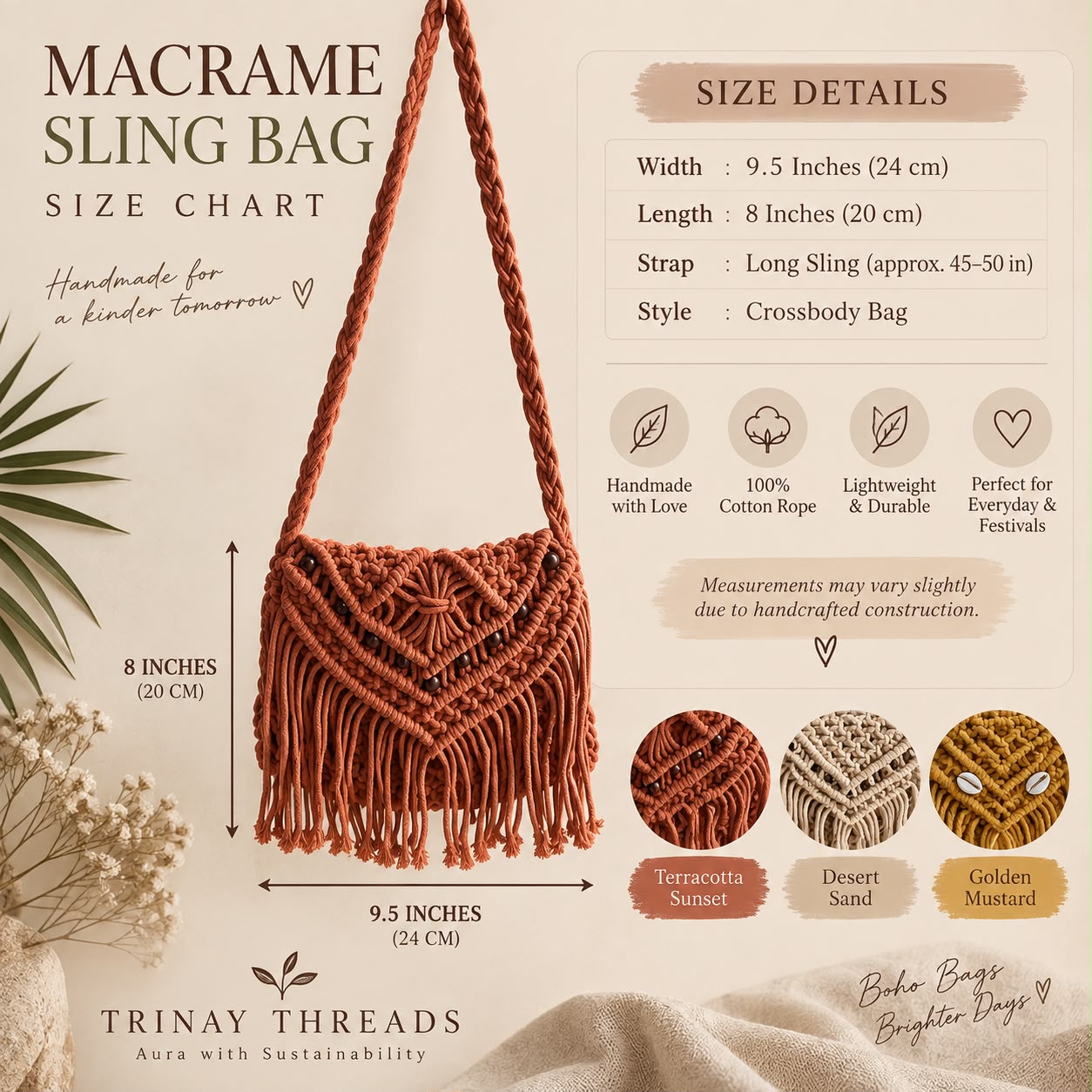 Terracotta Sunset Macrame Sling Bag | Handmade Boho Crossbody Purse | Fringe Cotton Rope Shoulder Bag - Image 5