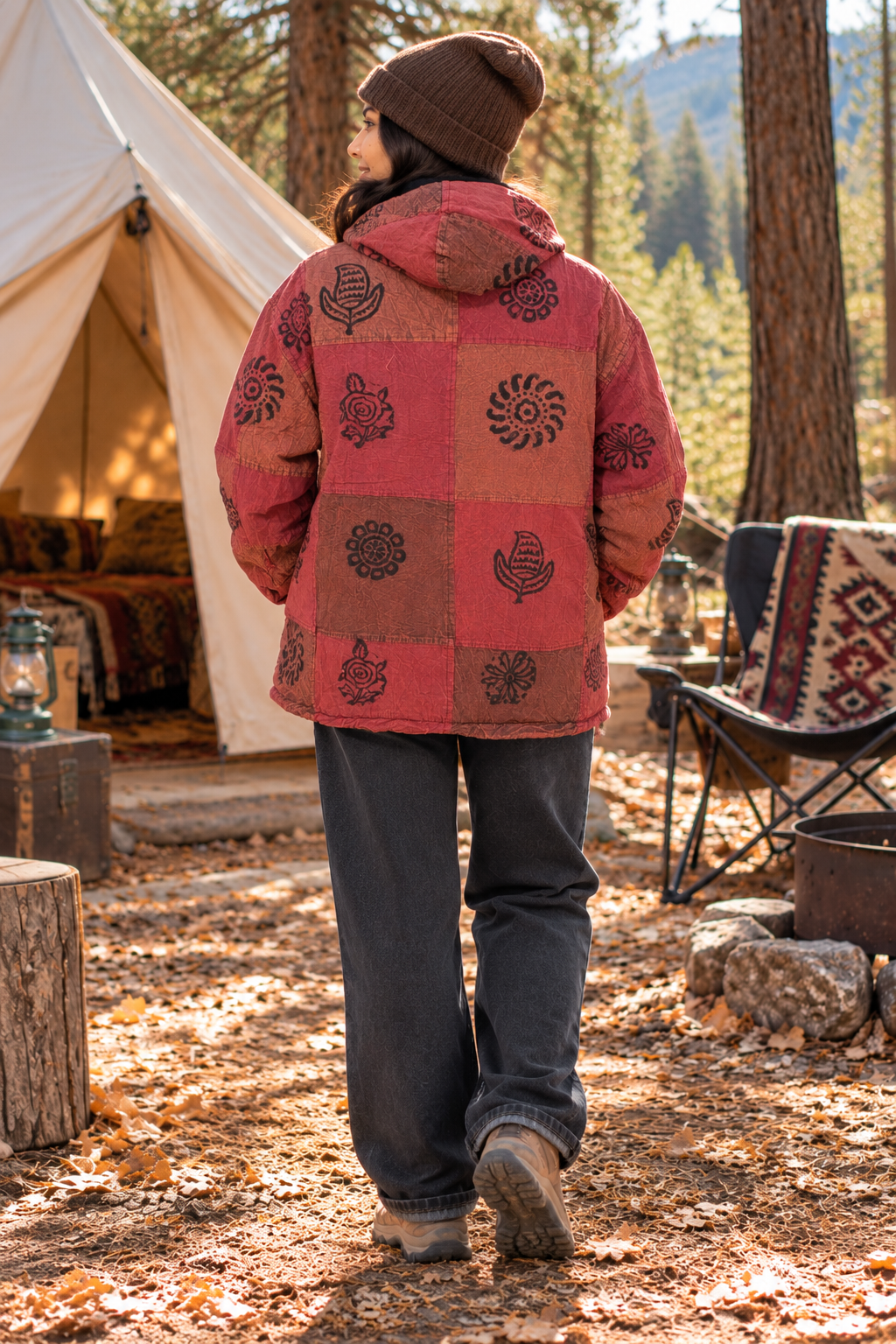 Desert Rose Unisex Vintage Patchwork Hooded Jacket – Boho Hippie Zip-Up - Image 4