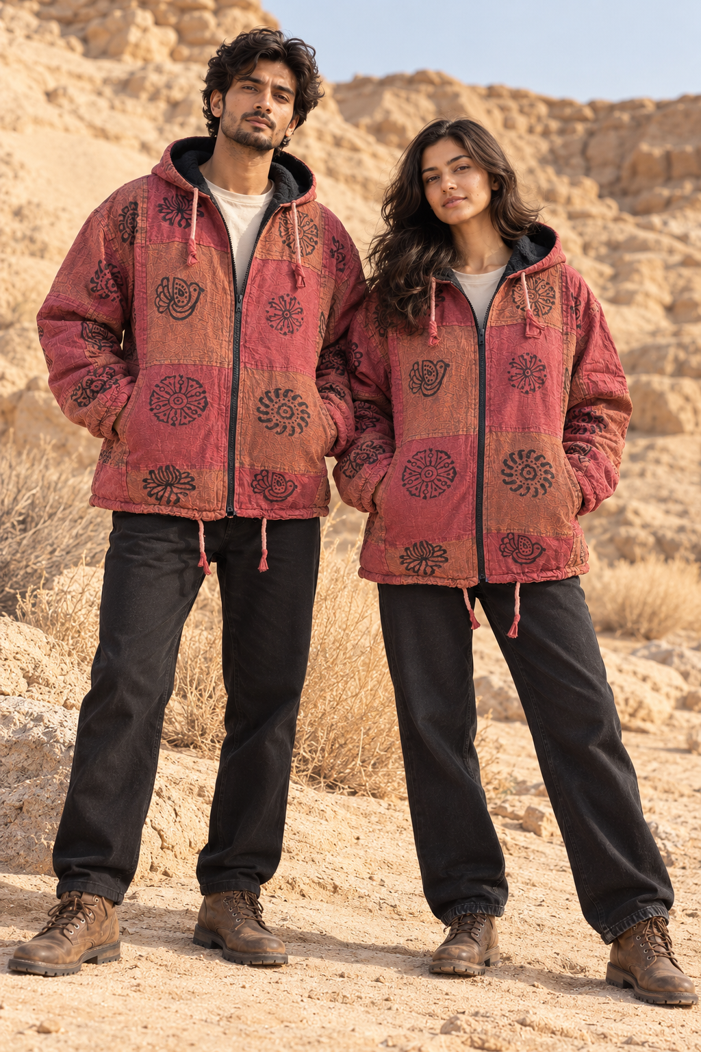 Desert Rose Unisex Vintage Patchwork Hooded Jacket – Boho Hippie Zip-Up