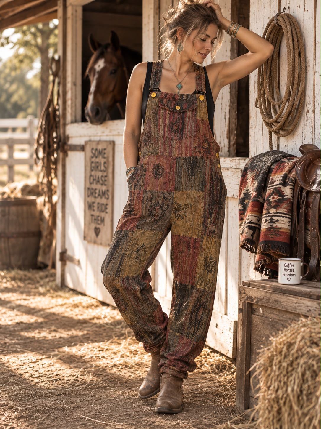 EarthyRust Sunset Patchwork Cotton Dungaree for Women – Boho Hippie Overalls - Image 3