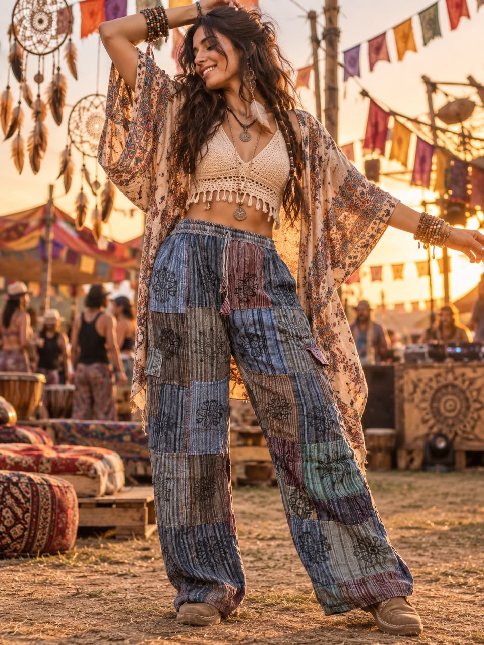Multi-colour Blue Unisex Patchwork Hippie Cargo Pants – Boho Festival Trouser - Image 2