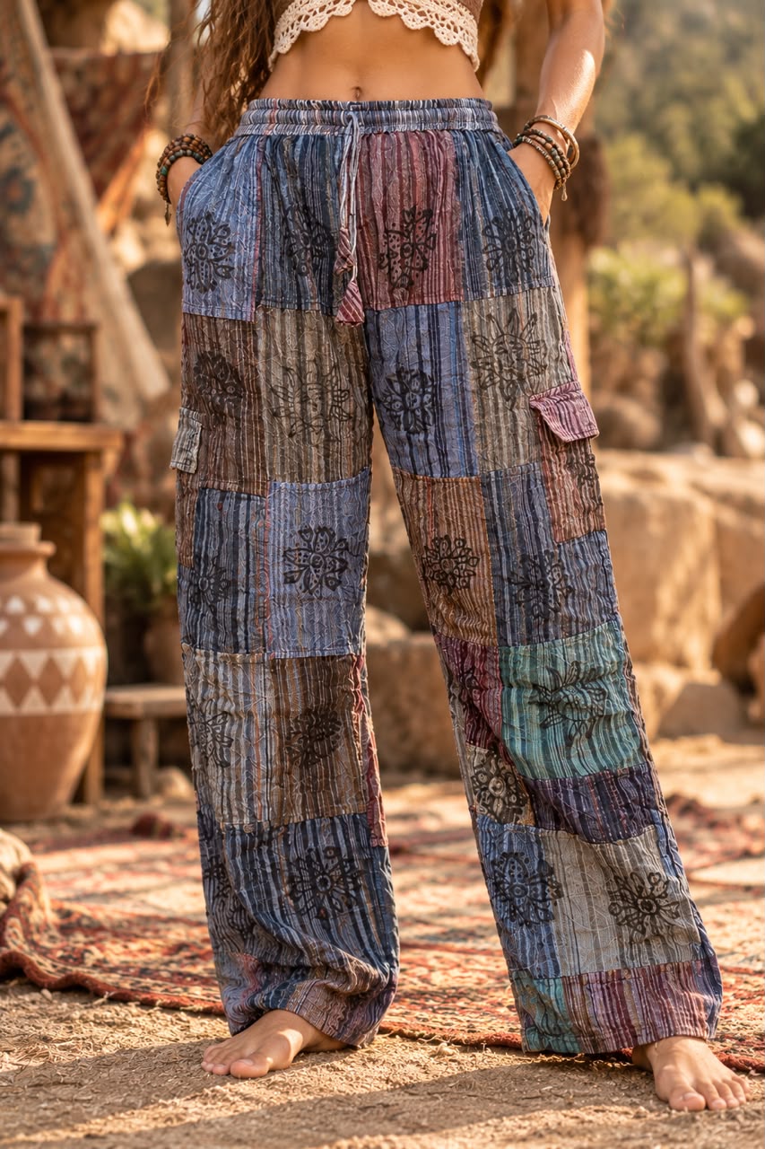 Multi-colour Blue Unisex Patchwork Hippie Cargo Pants – Boho Festival Trouser